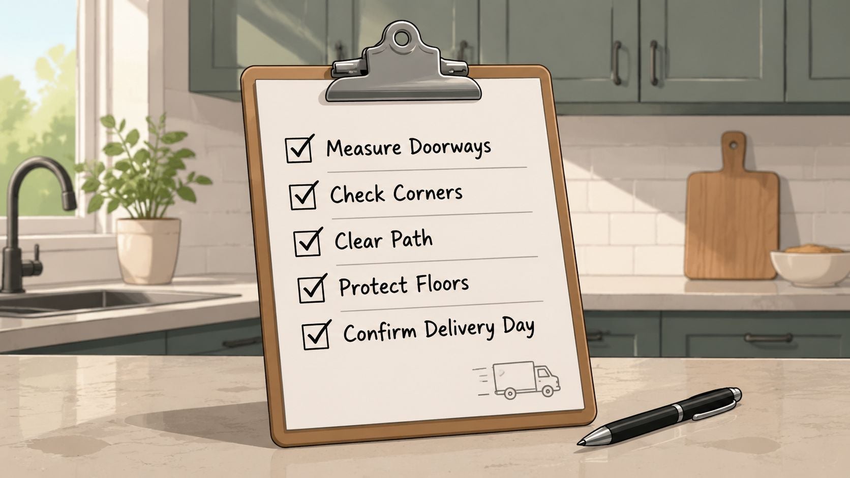 A clipboard with a delivery checklist on a kitchen counter next to a black pen.