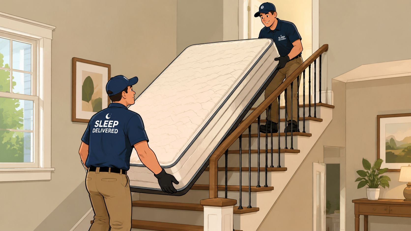 Two delivery workers in blue uniforms carrying a mattress up a wooden staircase in a residential house.
