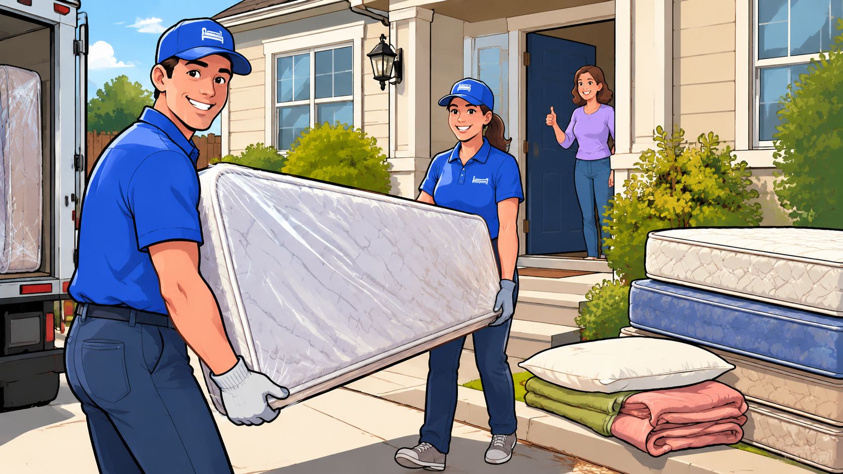 Professional movers delivering a new mattress to a suburban home while a happy customer watches nearby.