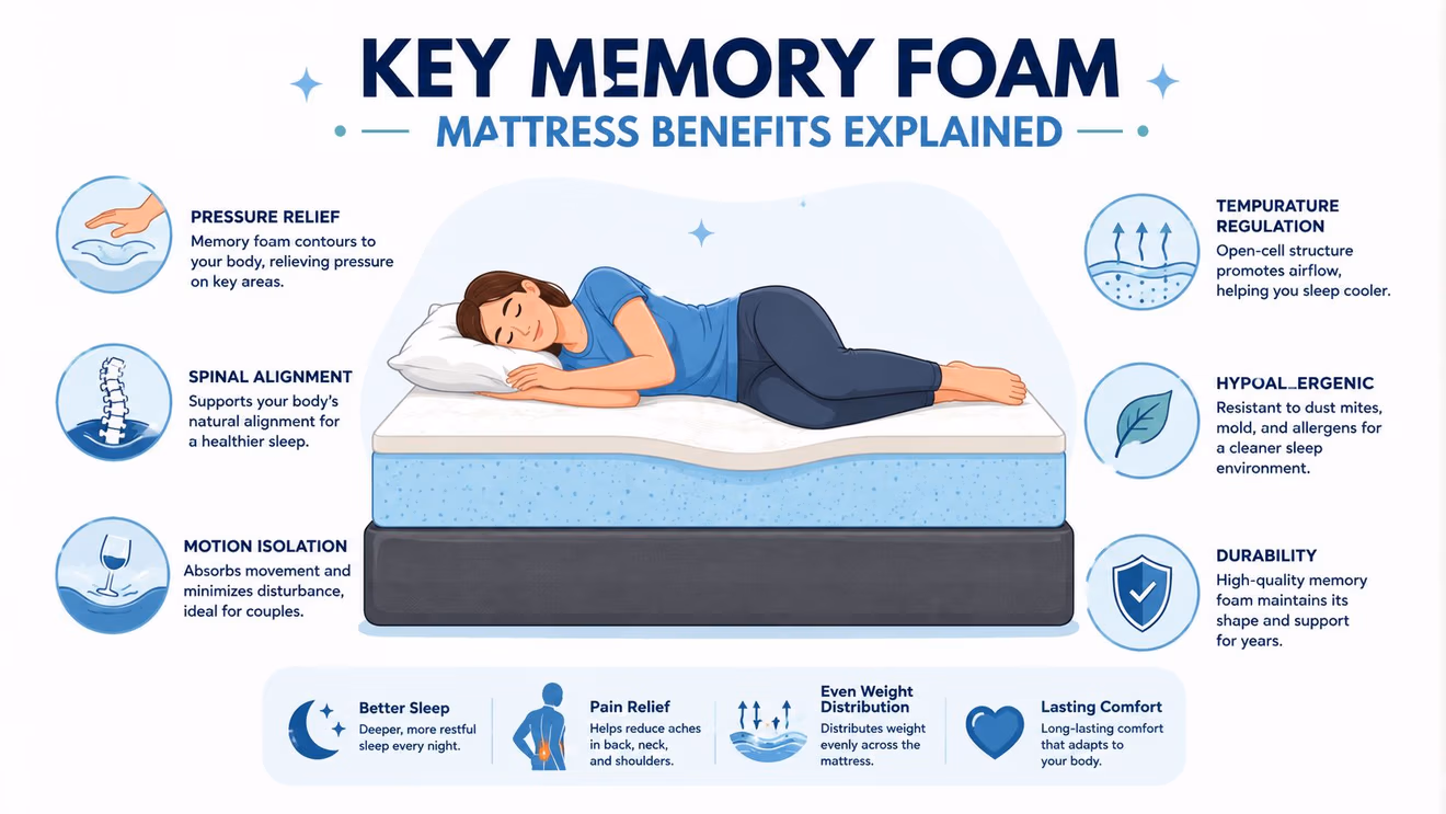 A graphic illustration explaining the various health and comfort benefits of sleeping on a memory foam mattress.