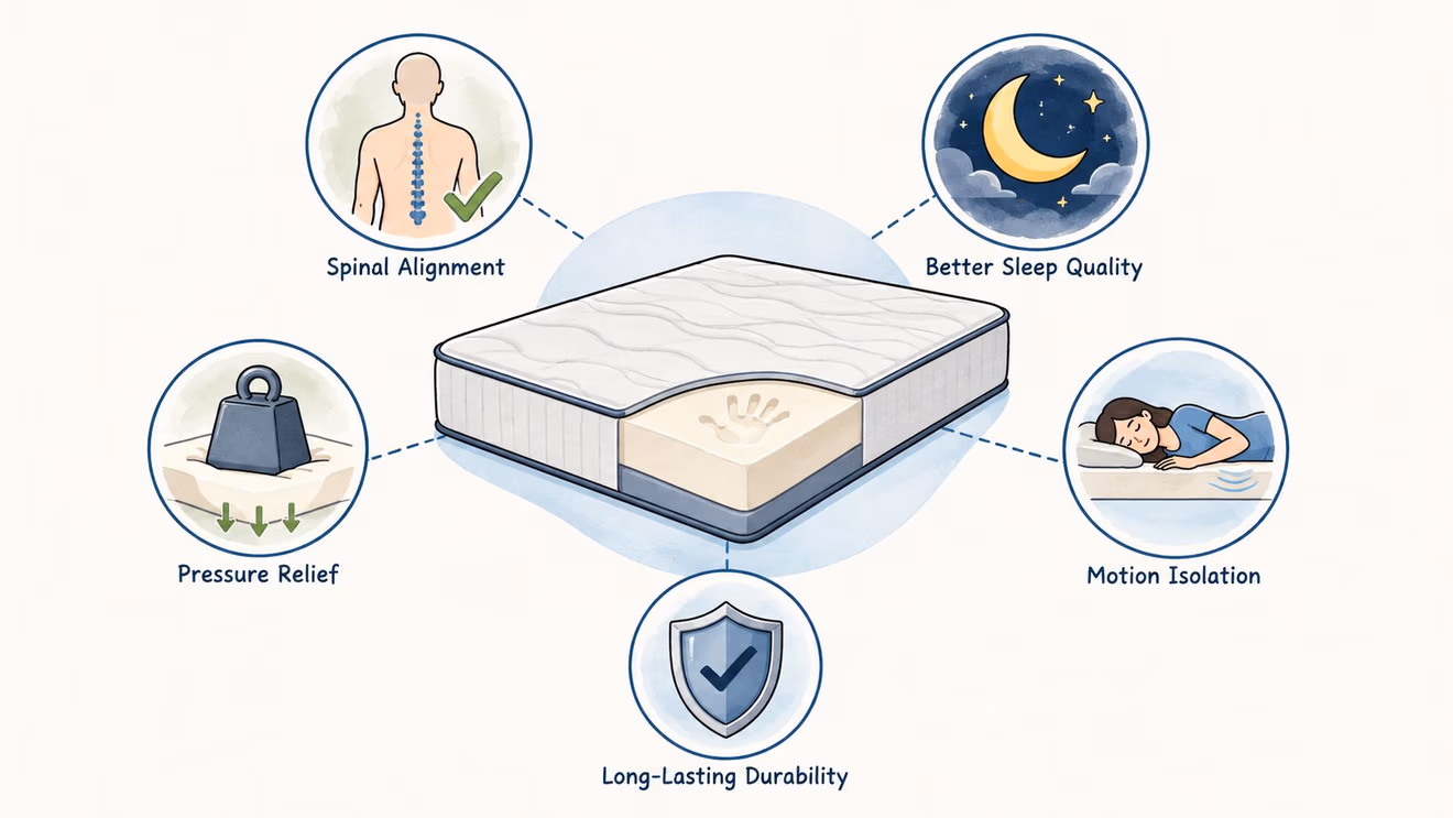 A diagram illustrating the key benefits of a memory foam mattress, including spinal alignment, better sleep quality, pressure relief, motion isolation, and durability.