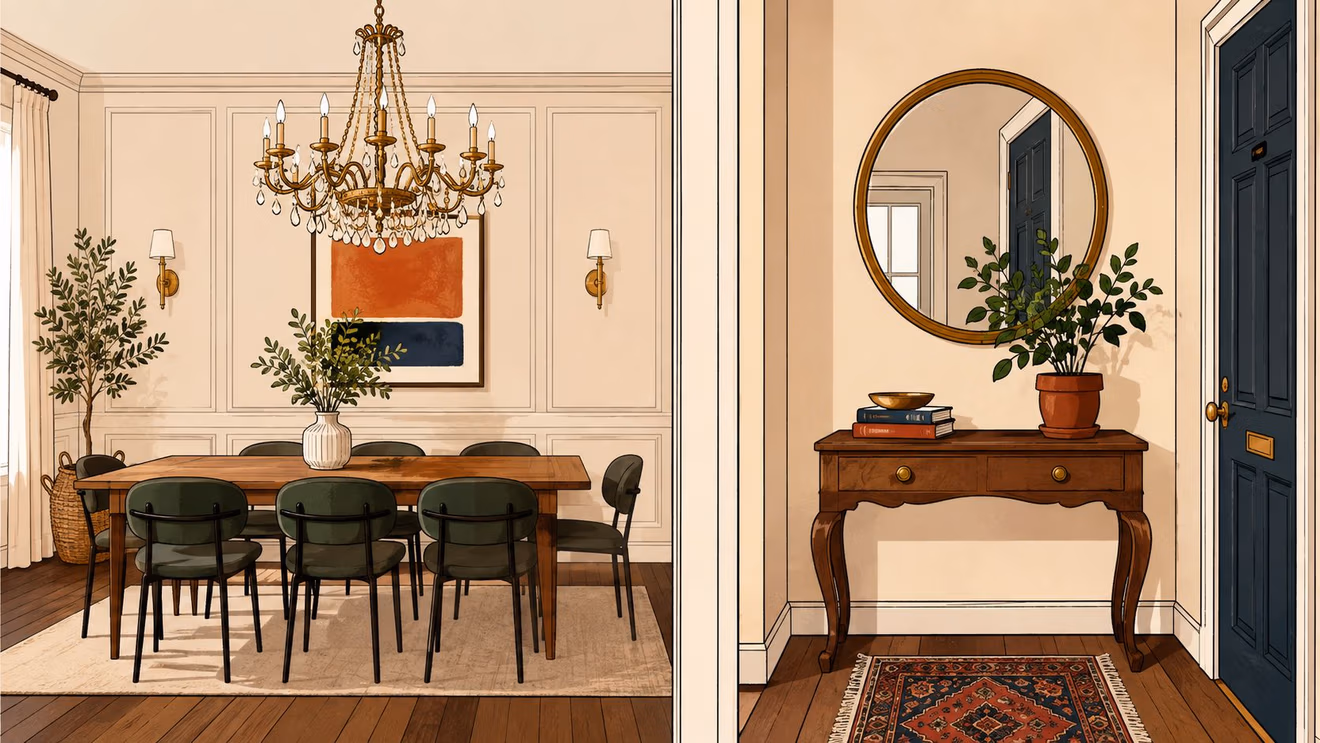 A sophisticated split-view illustration of a dining room with a chandelier and a classic entryway hallway.