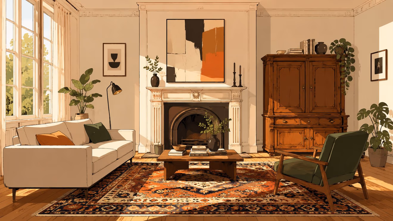A cozy, sunlit living room featuring modern furniture, a vintage rug, and an ornate fireplace mantel.
