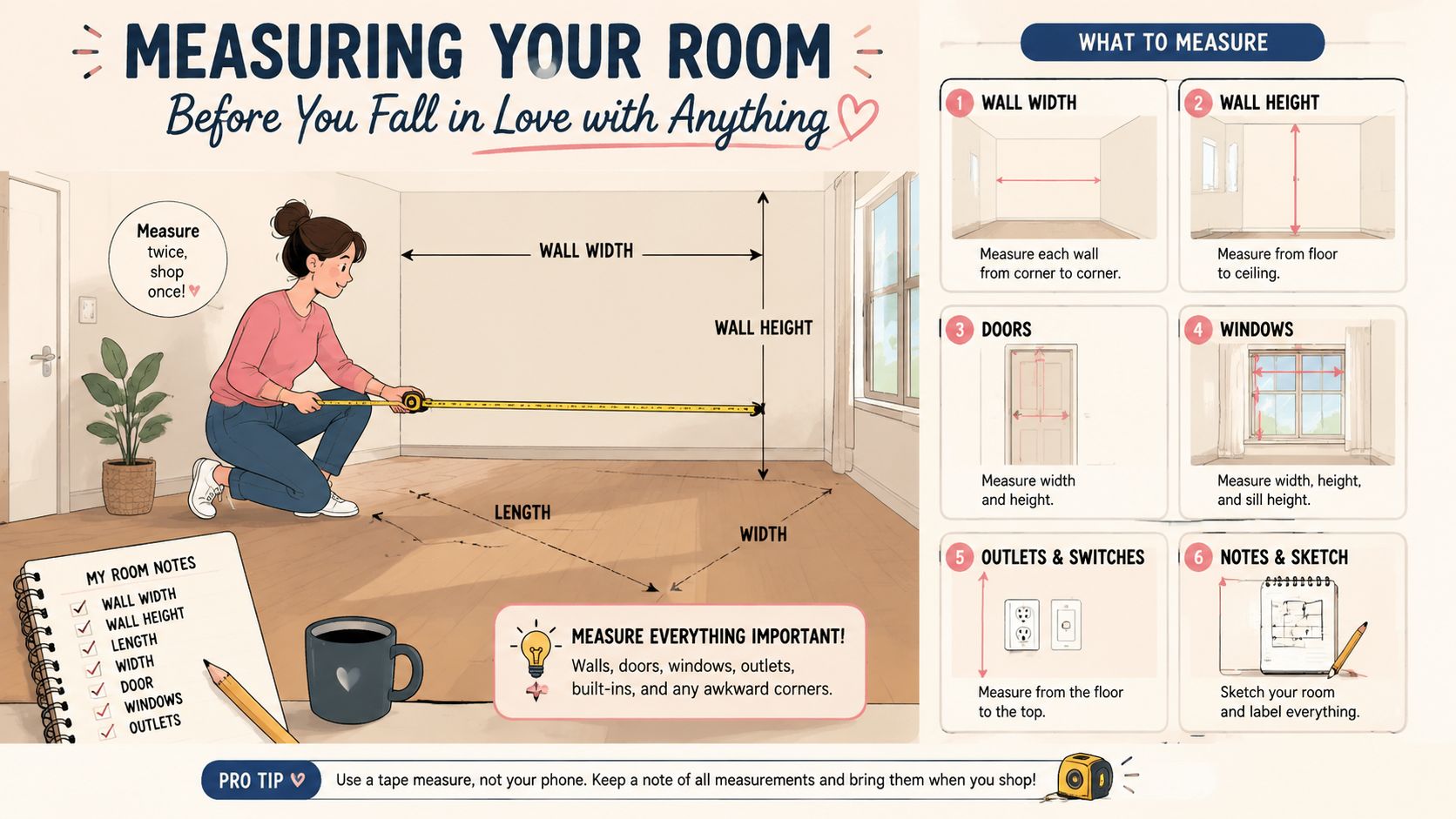 A helpful infographic illustration showing step-by-step instructions on how to accurately measure room dimensions for furniture shopping.