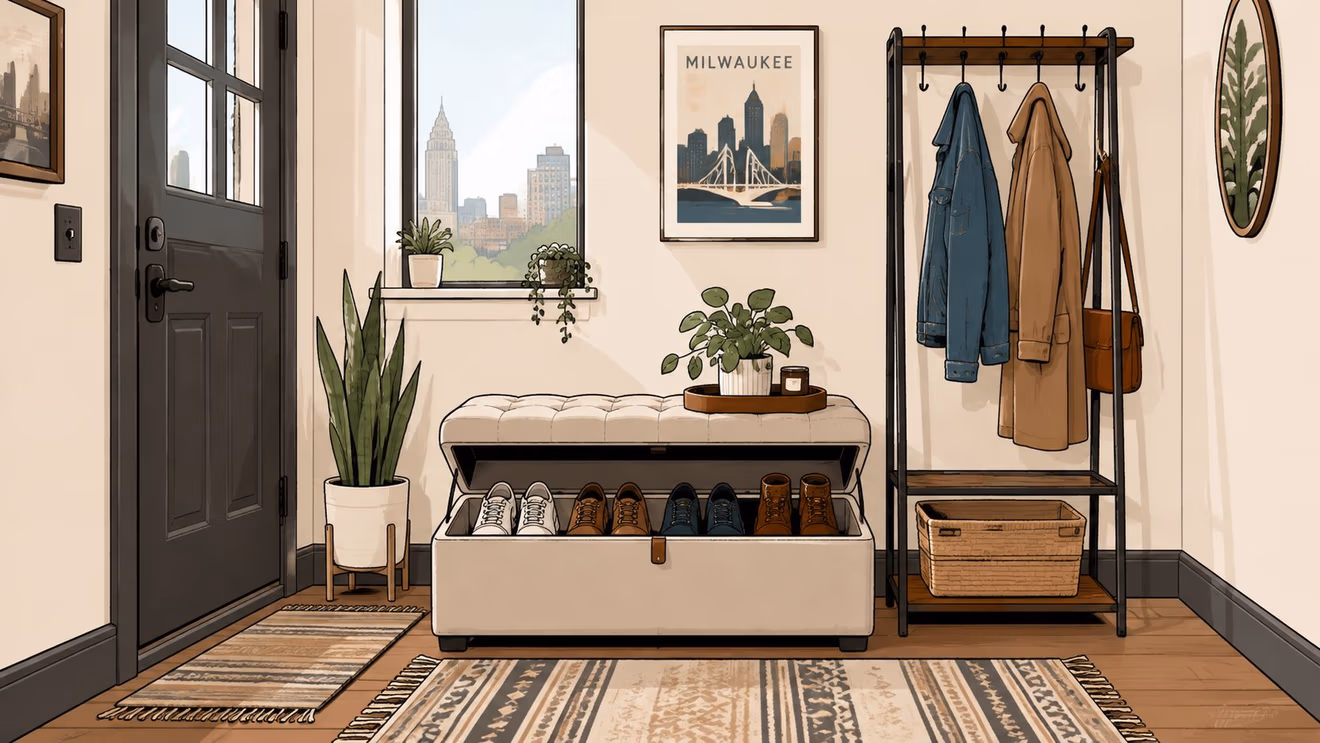 A cozy entryway featuring a storage ottoman with shoes inside, a coat rack, and various plants.