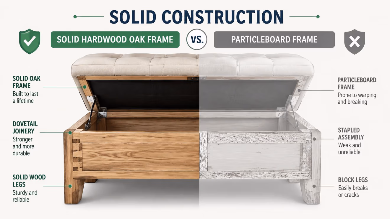 A split image comparing a durable solid oak storage ottoman frame to a fragile particleboard construction.