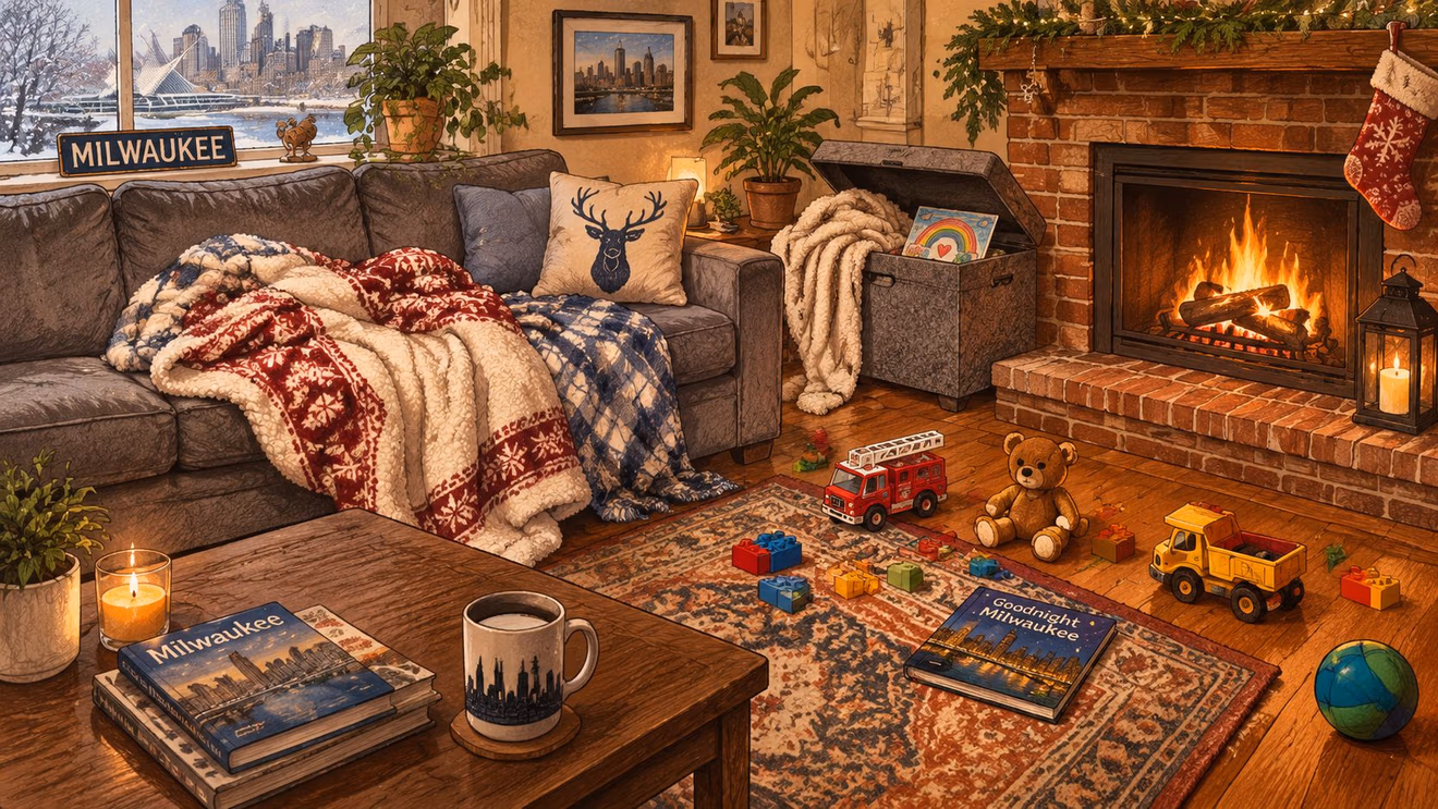 A cozy living room featuring a storage ottoman, a fireplace, and various toys on a wooden floor.