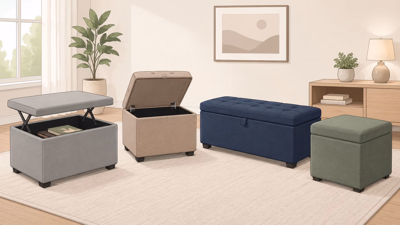 Four different storage ottomans in gray, beige, blue, and green arranged in a bright living room.
