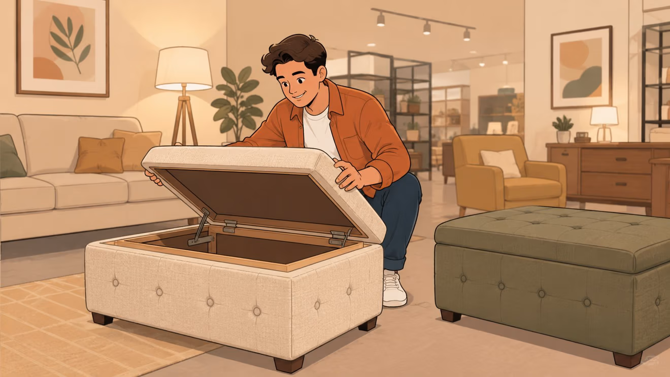 A young man opening a cream-colored tufted ottoman with hidden storage space in a home furniture store.