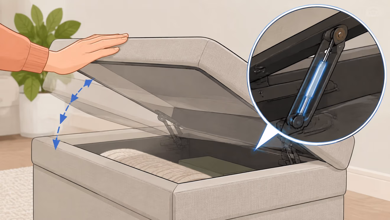 A hand opens a beige upholstered storage ottoman, revealing the internal hydraulic hinge mechanism.