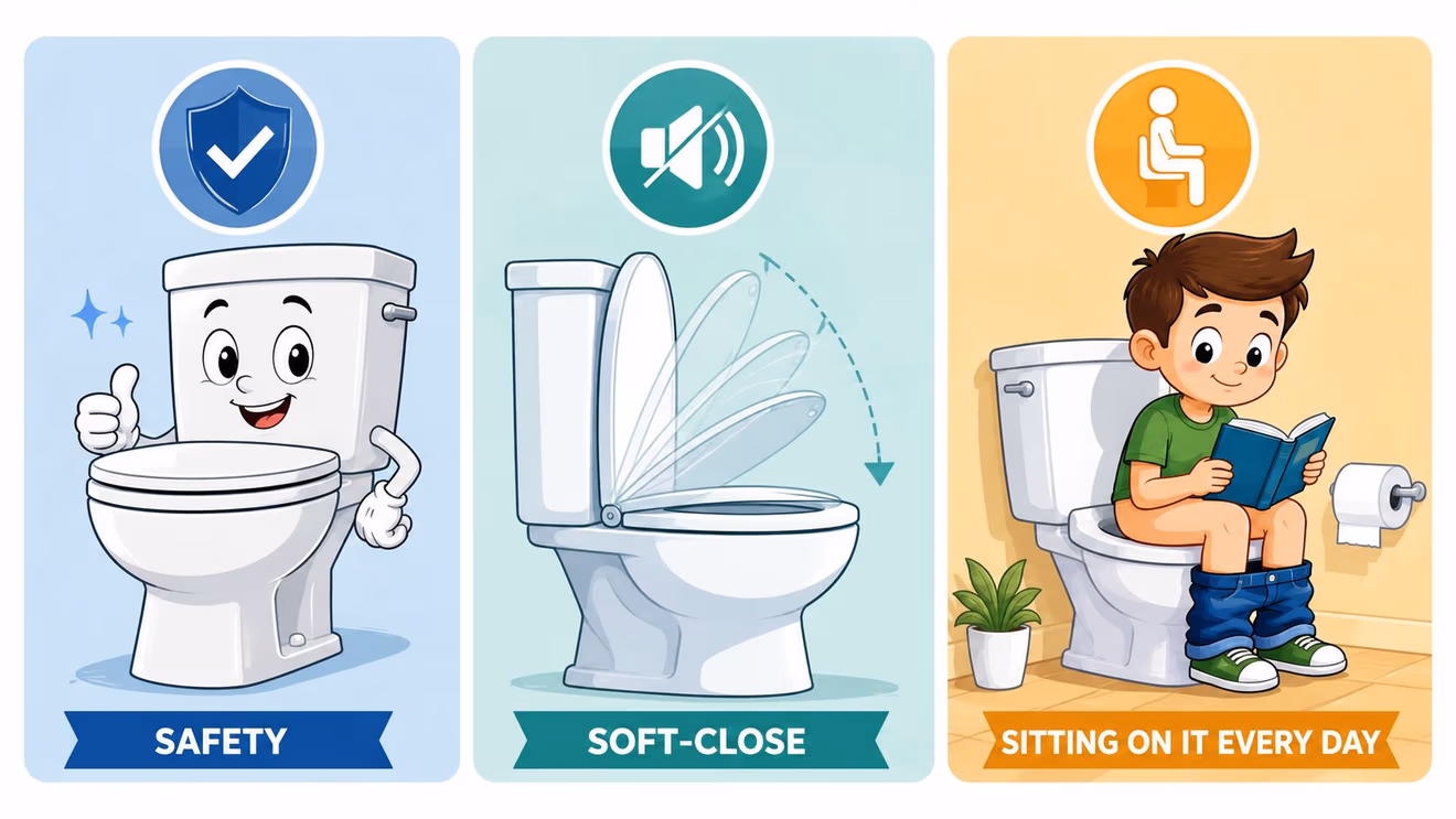 An illustration demonstrating the safety, soft-close feature, and daily usage of a toilet for children.