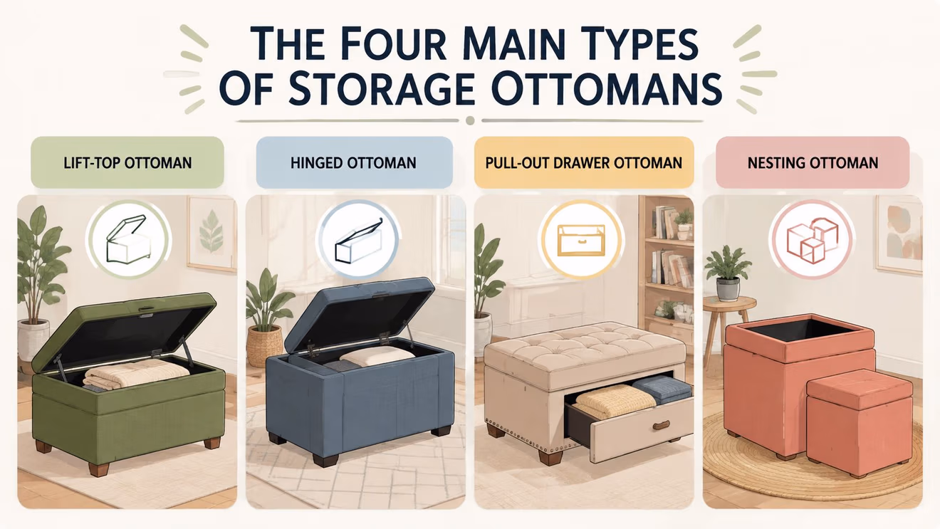 An infographic displays the four main types of storage ottomans, including lift-top, hinged, drawer, and nesting styles.