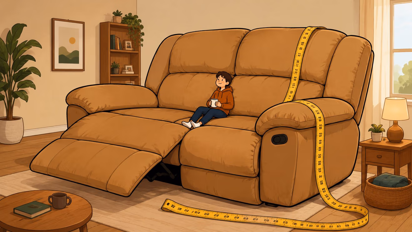 A young boy sits on an oversized reclining sofa being measured by a giant yellow measuring tape.