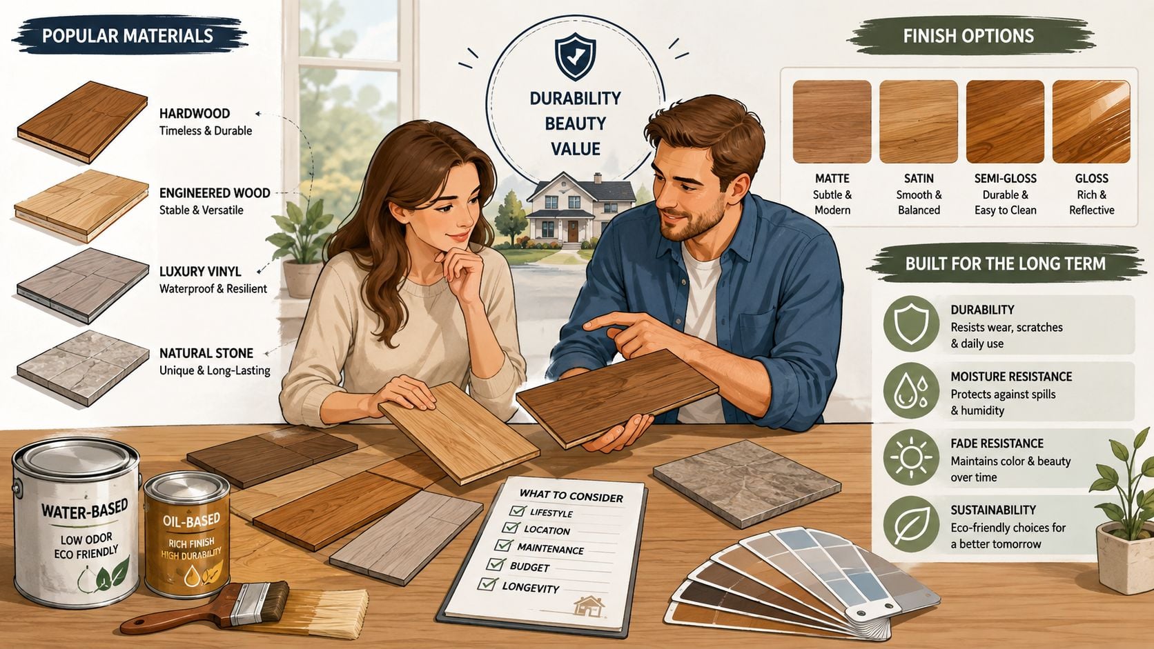 A couple examining flooring samples and finish options to choose the best material for their home renovation.