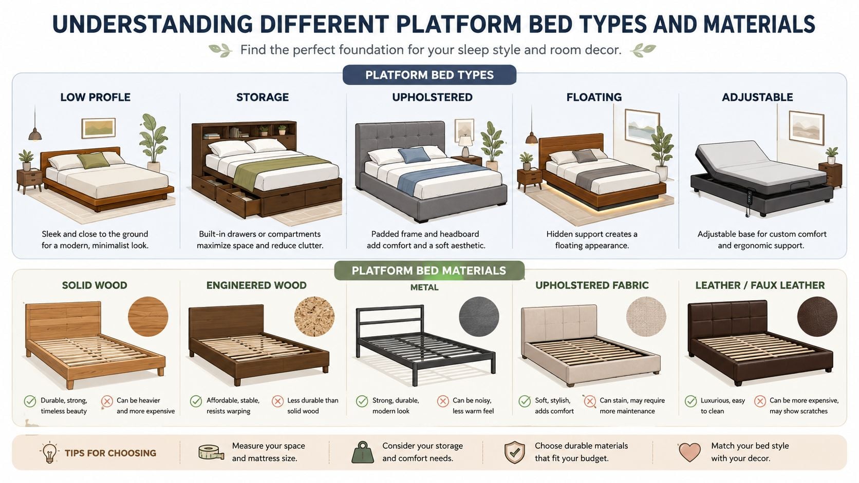 An infographic showing various types of platform beds and common material options for bedroom furniture.