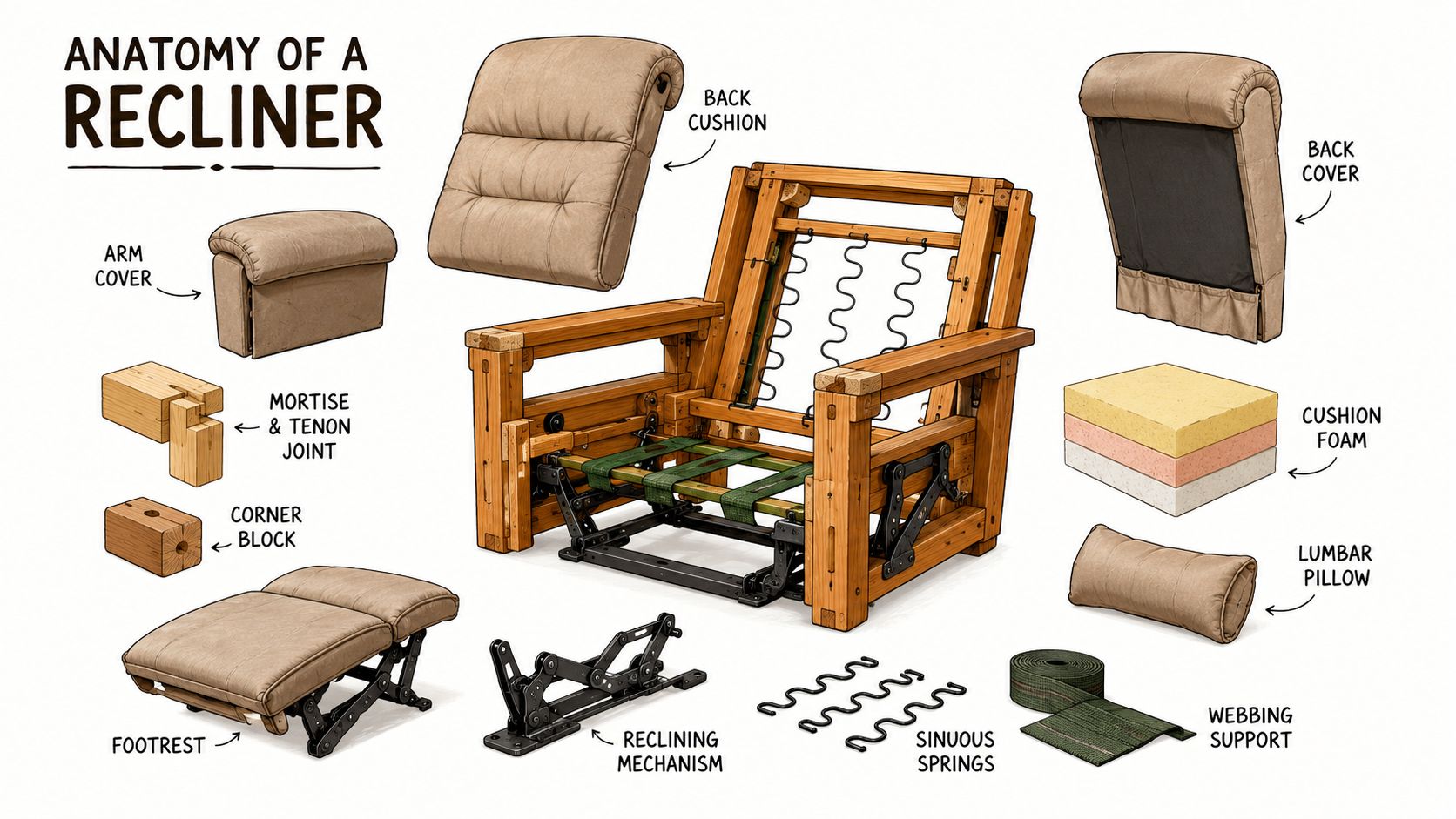 A detailed anatomy diagram of a recliner chair showing various wooden components, cushioning, springs, and metal mechanisms.