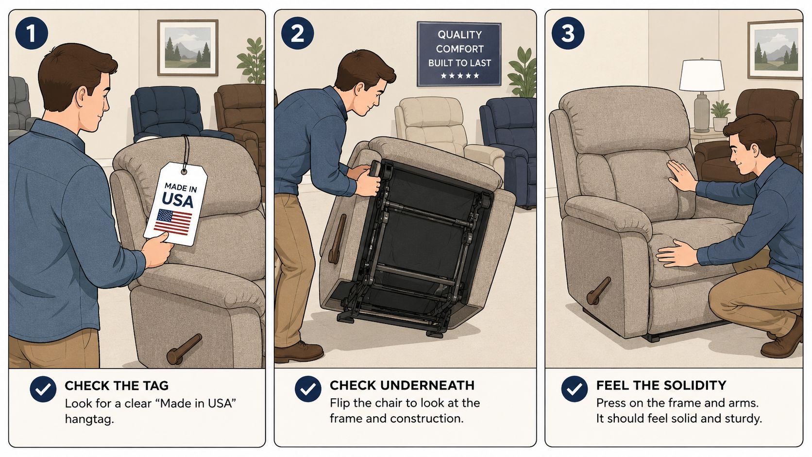 A three-step guide showing a man evaluating a high-quality recliner made in the USA for construction and durability.