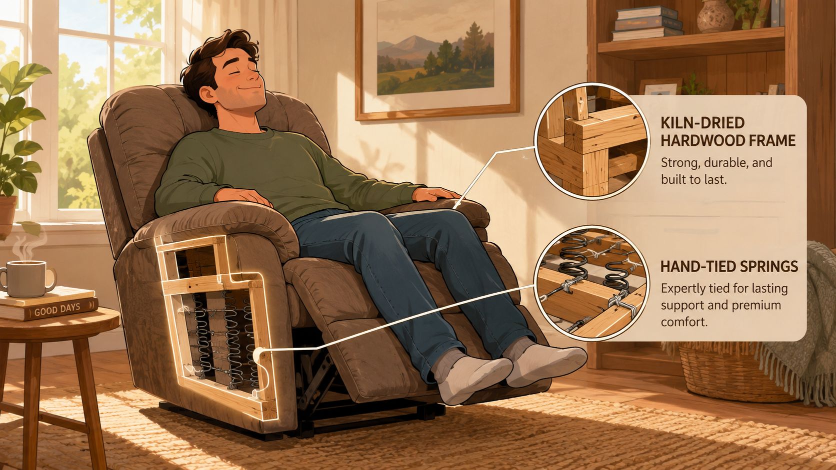 A man relaxing in a high-quality recliner chair highlighting internal hardwood frame construction and durable hand-tied springs.