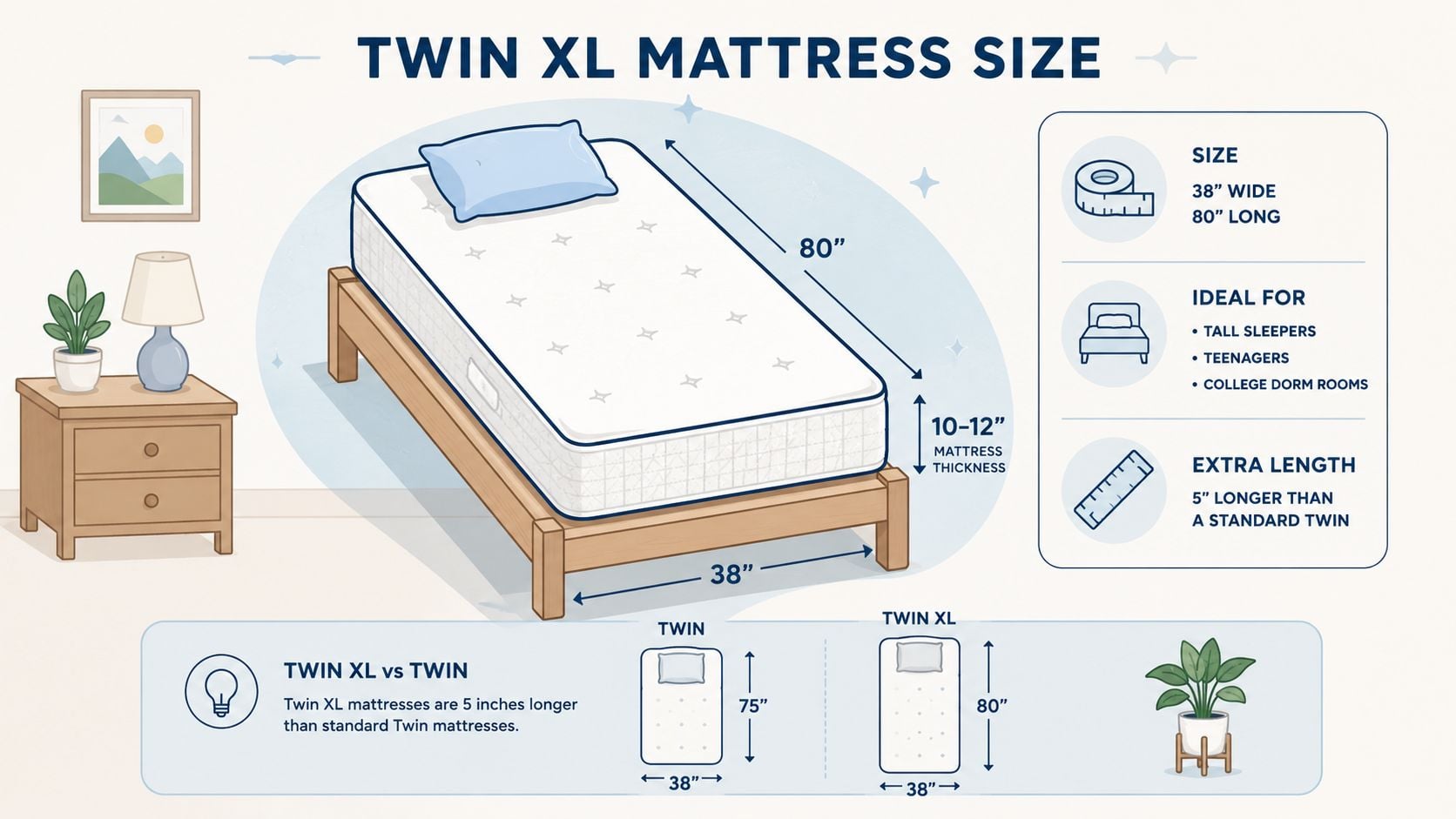 An infographic detailing the dimensions of a Twin XL mattress, including its width, length, and typical thickness.