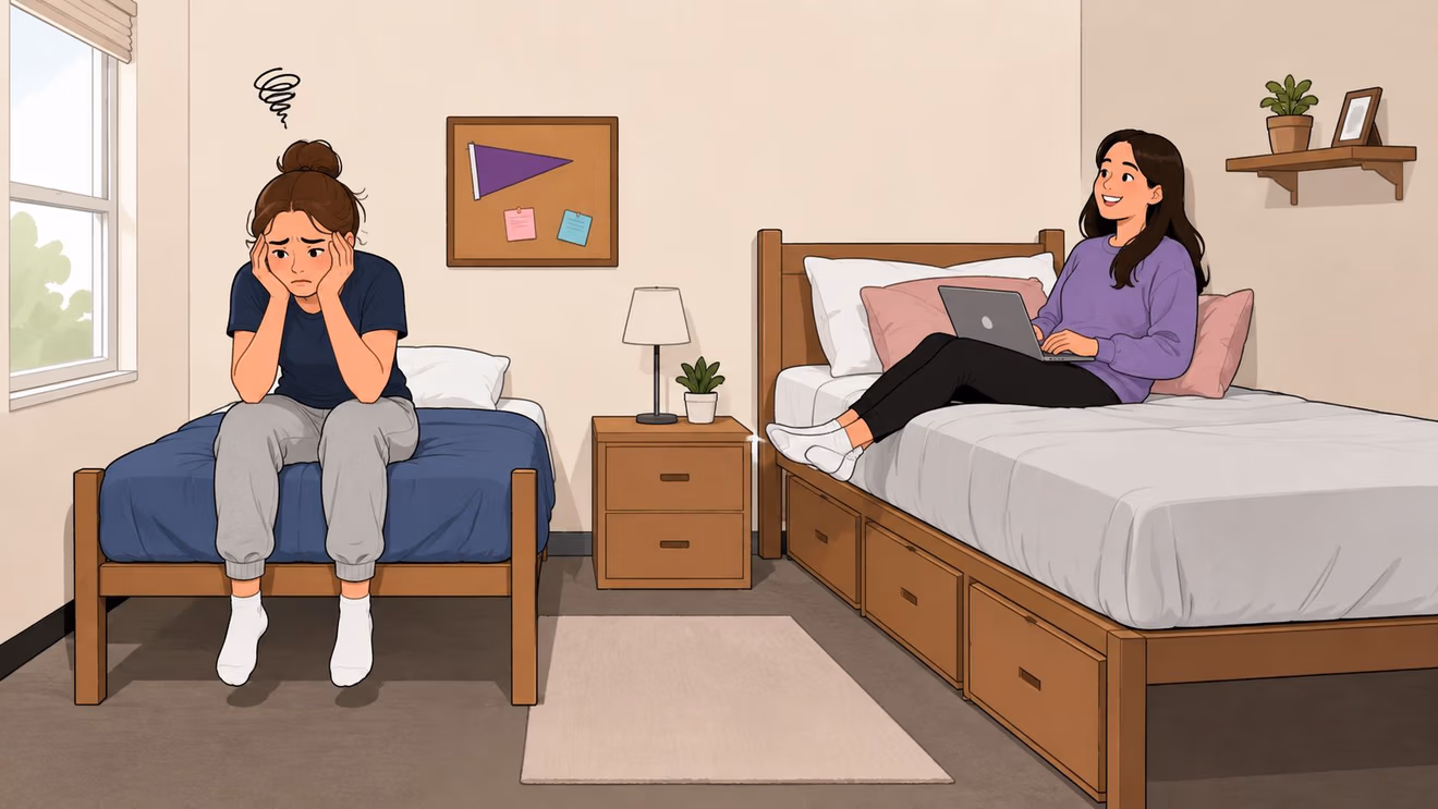 A woman looks stressed while sitting on a twin XL bed next to her roommate using a laptop.