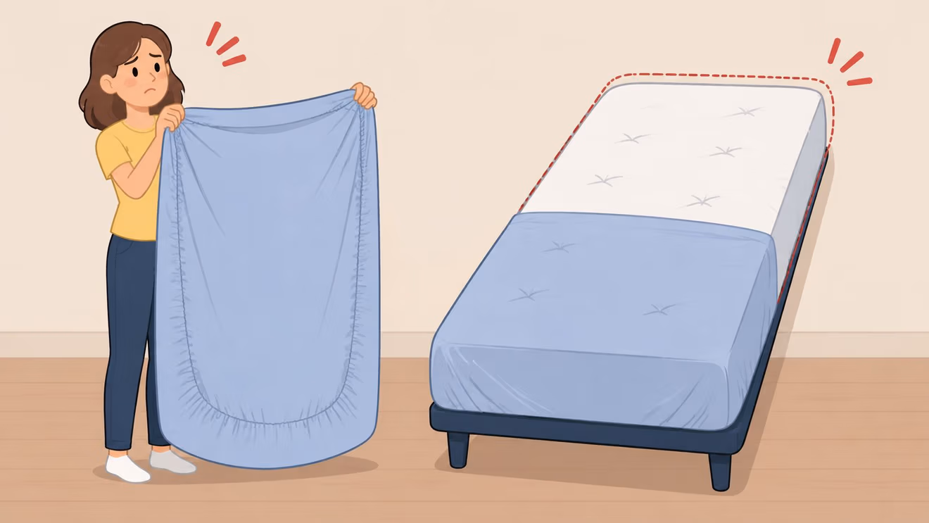 A confused woman holding a fitted sheet while standing next to a mattress that is too large.