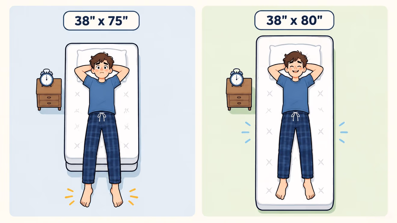 A comparison illustration showing a man uncomfortable on a 38 by 75 inch mattress versus comfortable on a 38 by 80 inch mattress.