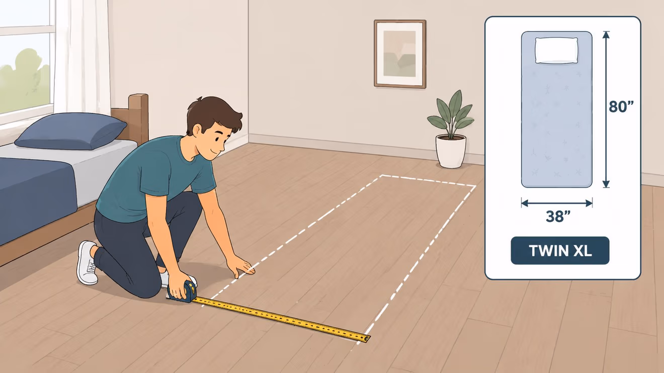 A person using a measuring tape on the floor to check dimensions for a Twin XL mattress.