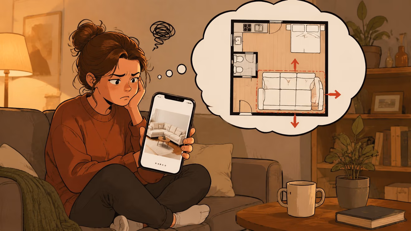 A young woman looking stressed while planning furniture placement in her small apartment using her smartphone.