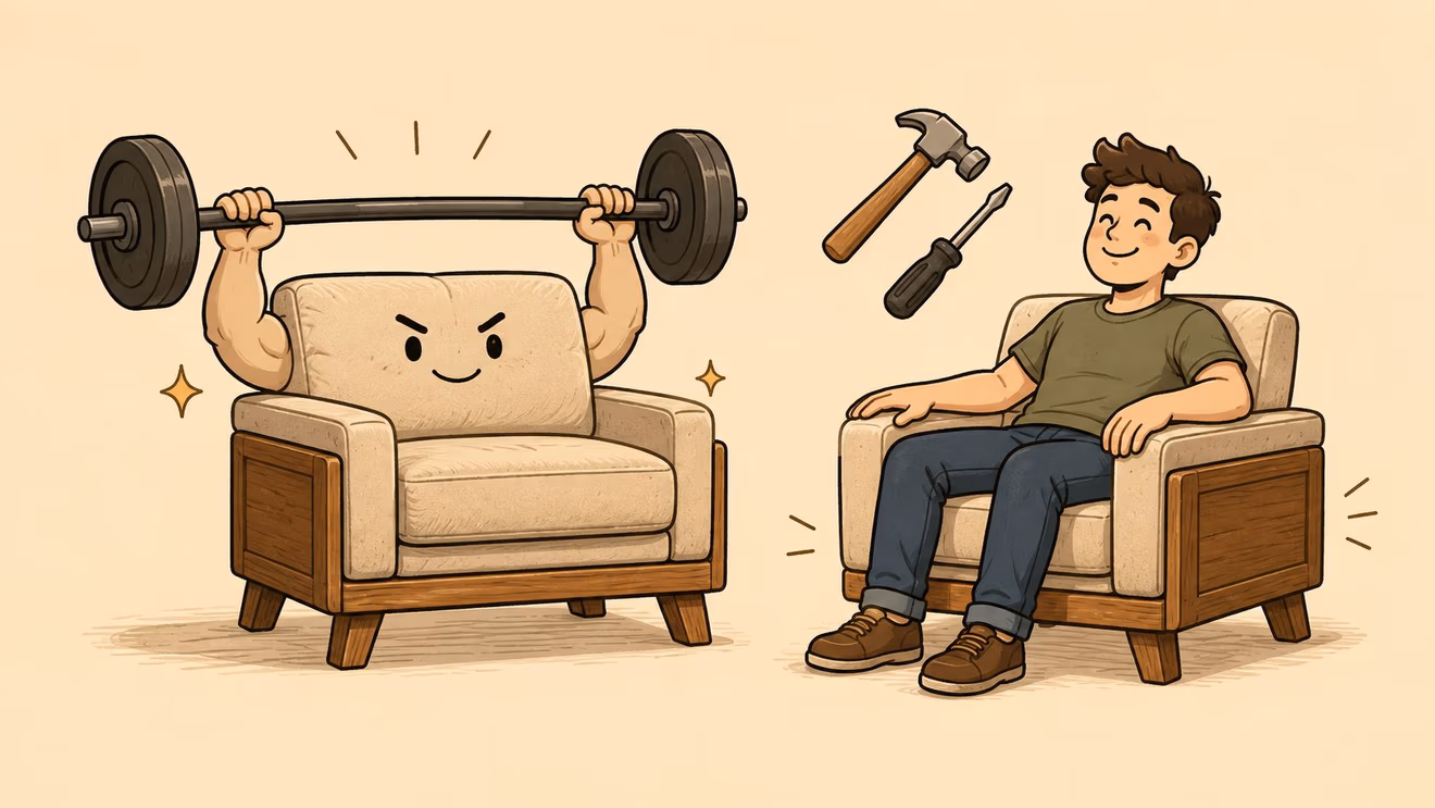 An illustration showing a person-like armchair lifting weights alongside a man relaxing in a similar armchair.