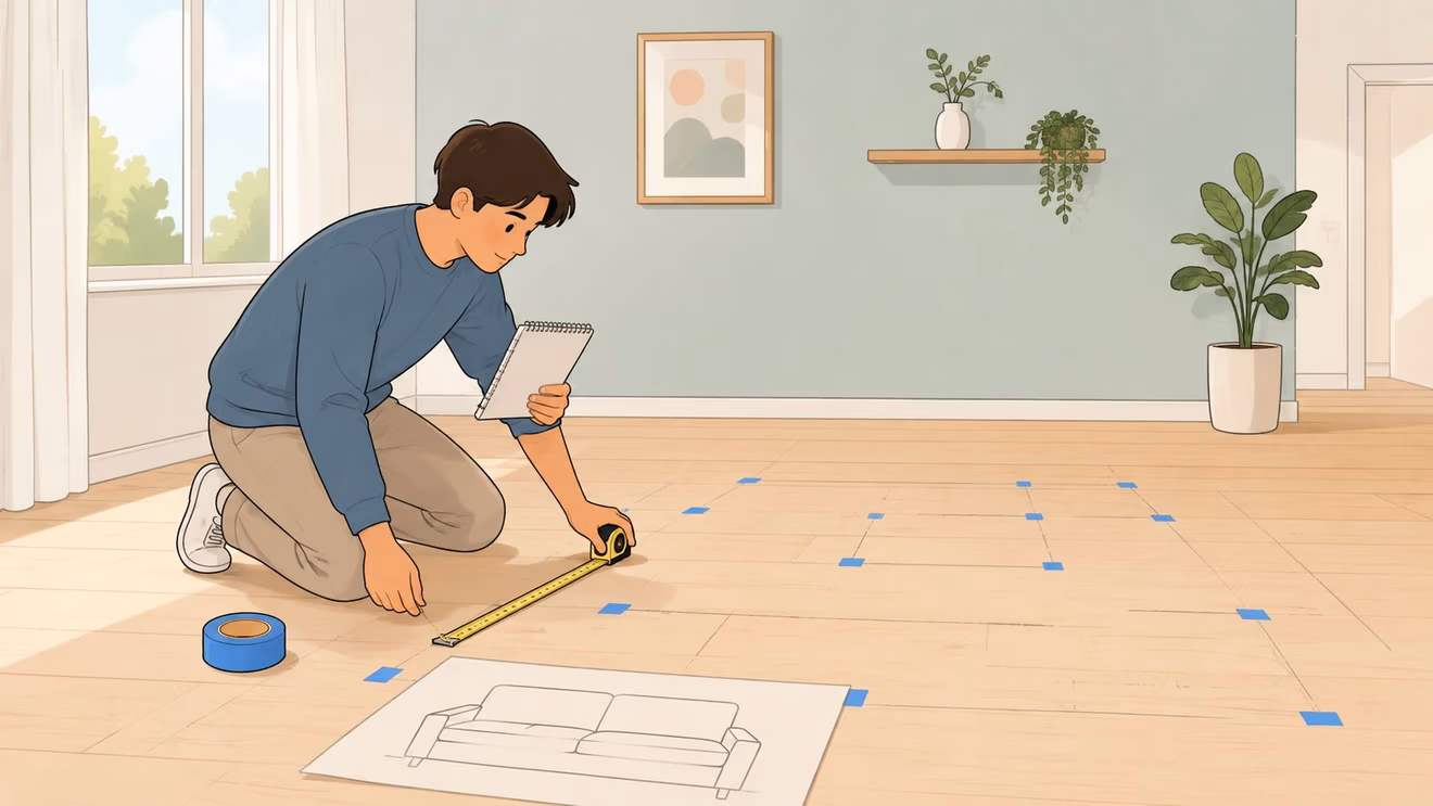 A young man kneeling on a wooden floor measuring a designated space for furniture placement.