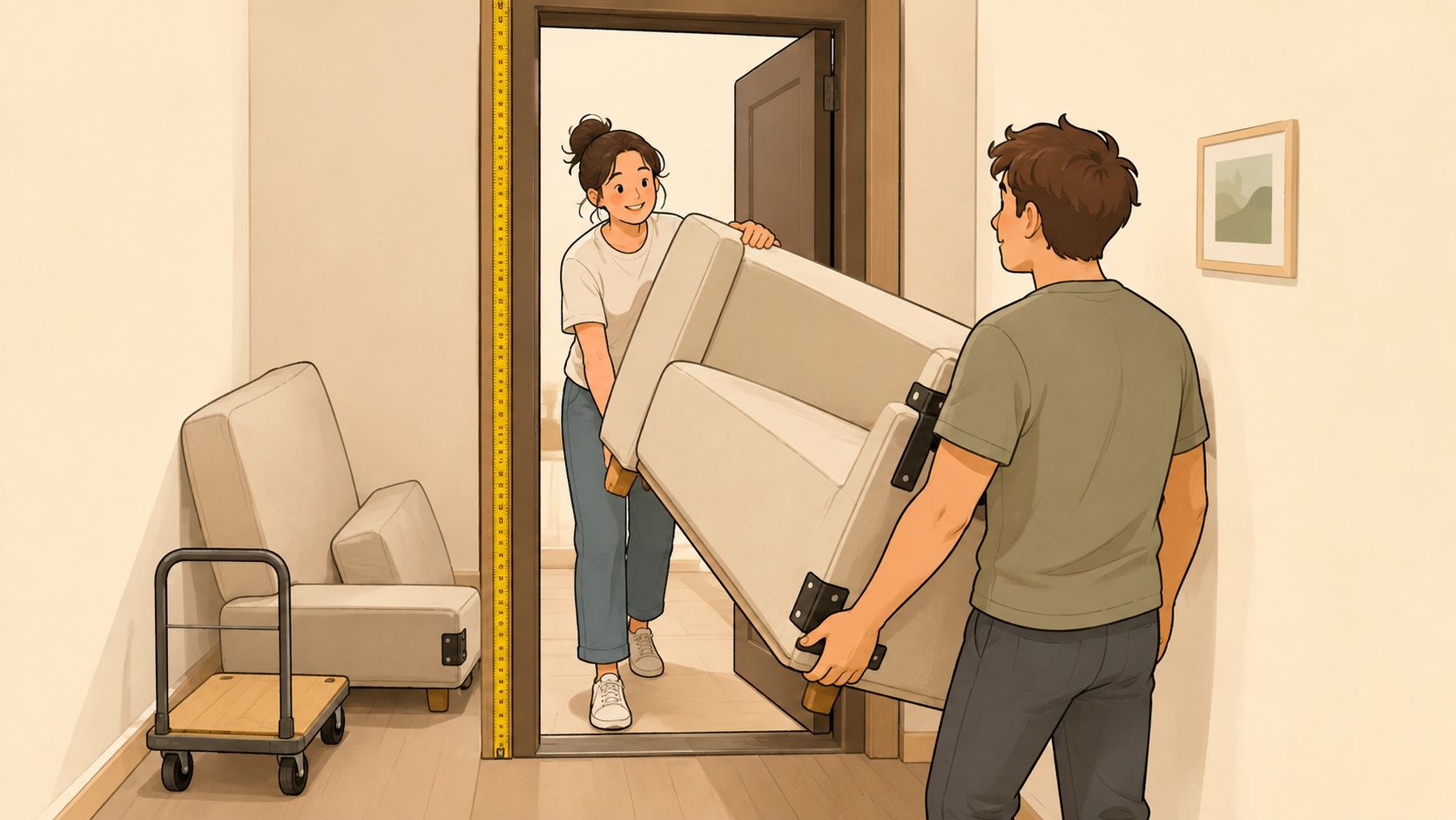 A young couple working together to carry a small sofa through an open doorway into a room.