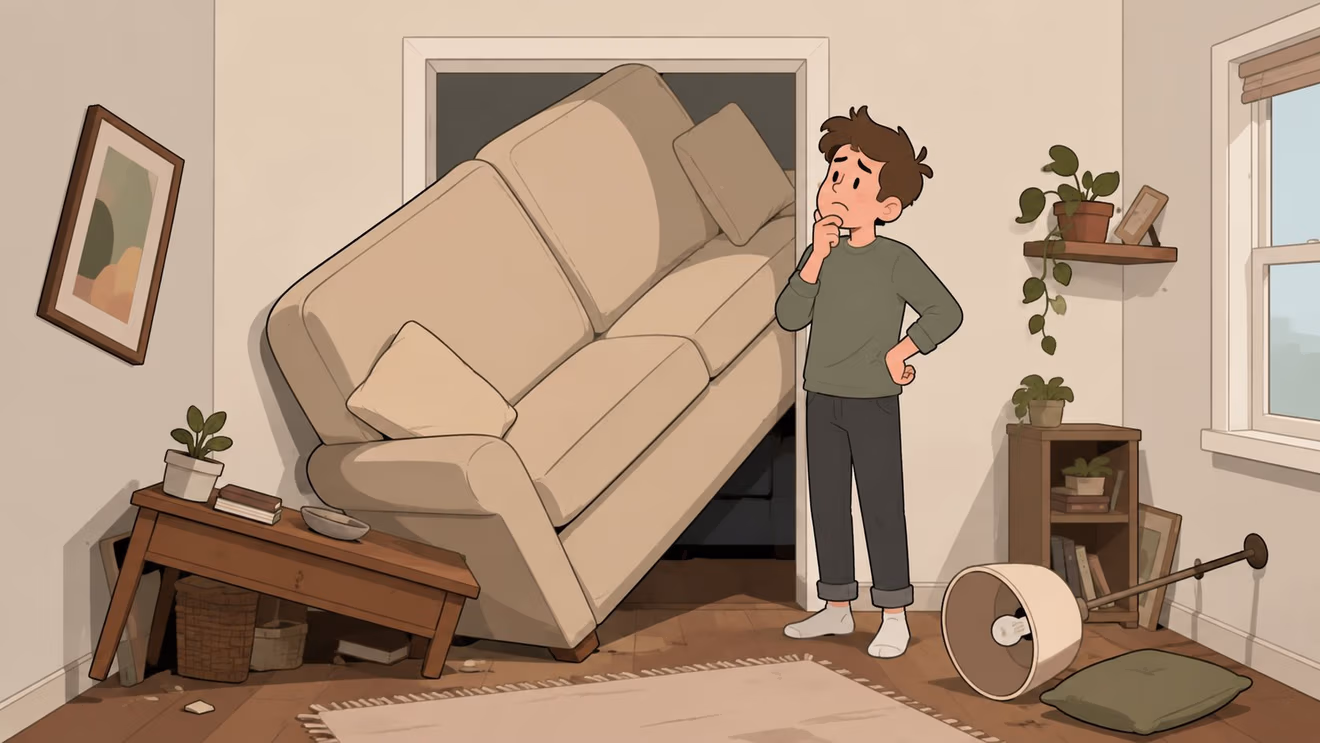 A confused person standing in a room with a large sofa wedged awkwardly into a doorway.