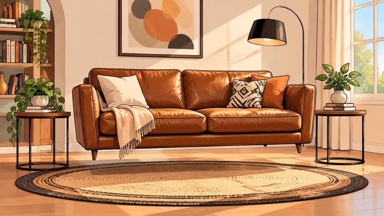 A cozy living room interior featuring a brown leather sofa, round rug, and warm sunlight streaming through.