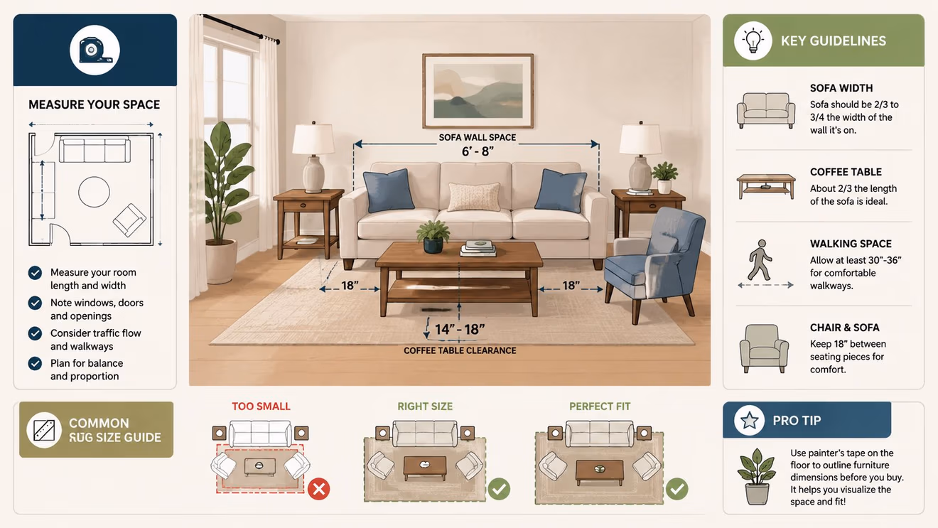 An infographic showing living room layout guidelines for rug sizes, furniture spacing, and sofa wall space measurements.