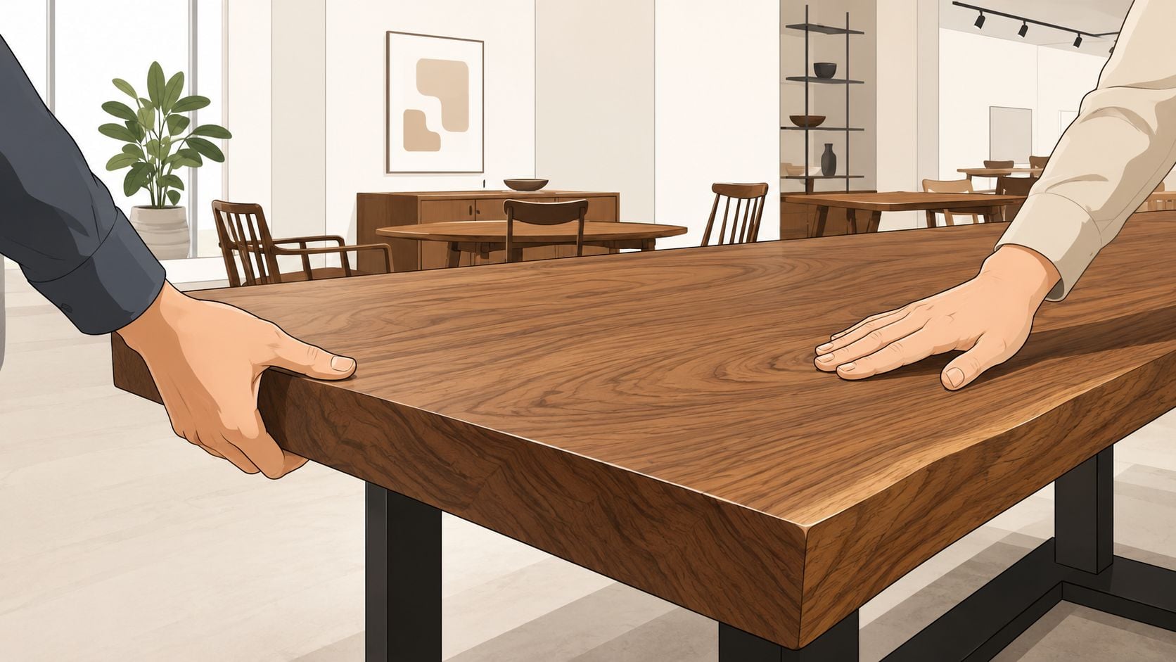 Two people placing their hands on a large solid walnut wood dining table in a furniture showroom.