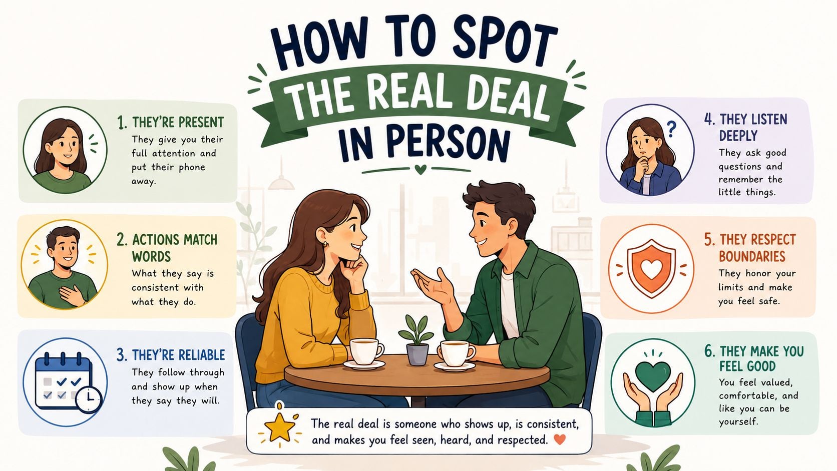 An illustrated guide featuring six tips on how to identify sincere and genuine people in person.