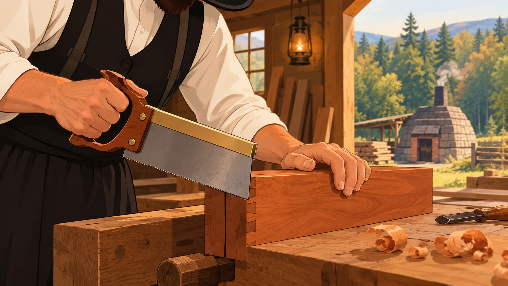 An Amish woodworker carefully cuts a dovetail joint into a piece of solid wood furniture by hand.