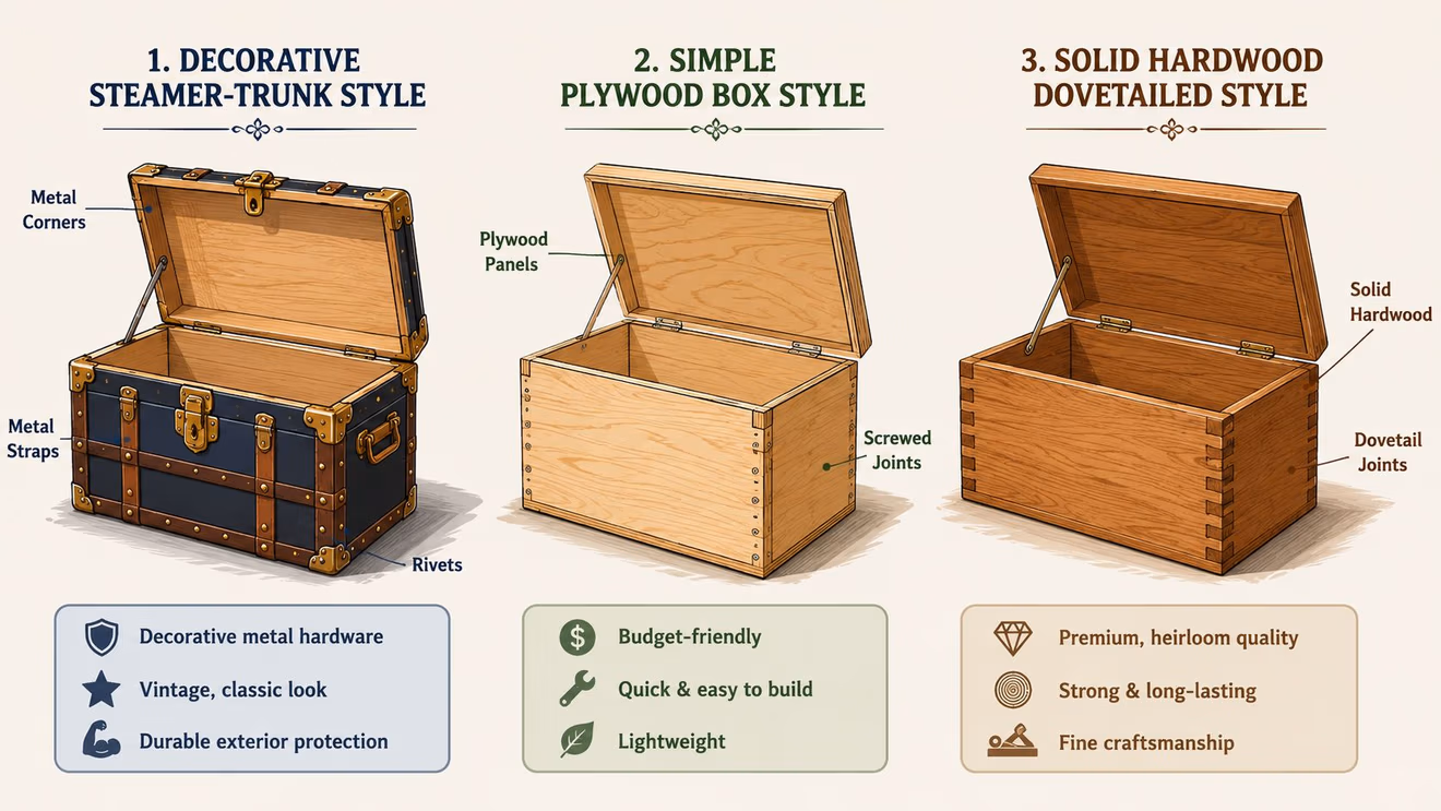 A diagram comparing three different storage trunk styles: decorative steamer-trunk, simple plywood box, and solid hardwood dovetail.