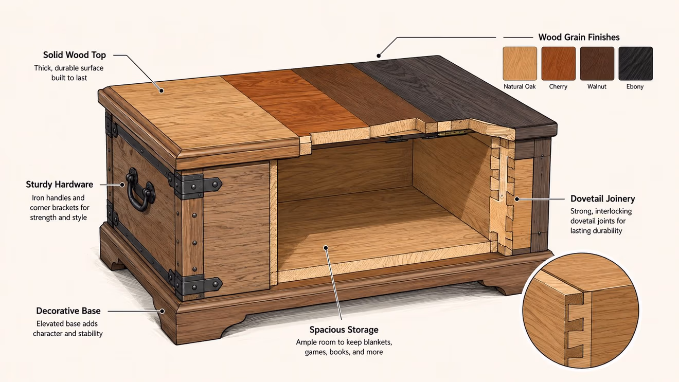 A detailed cutaway view of a wooden storage trunk table showing its interior construction and joinery.