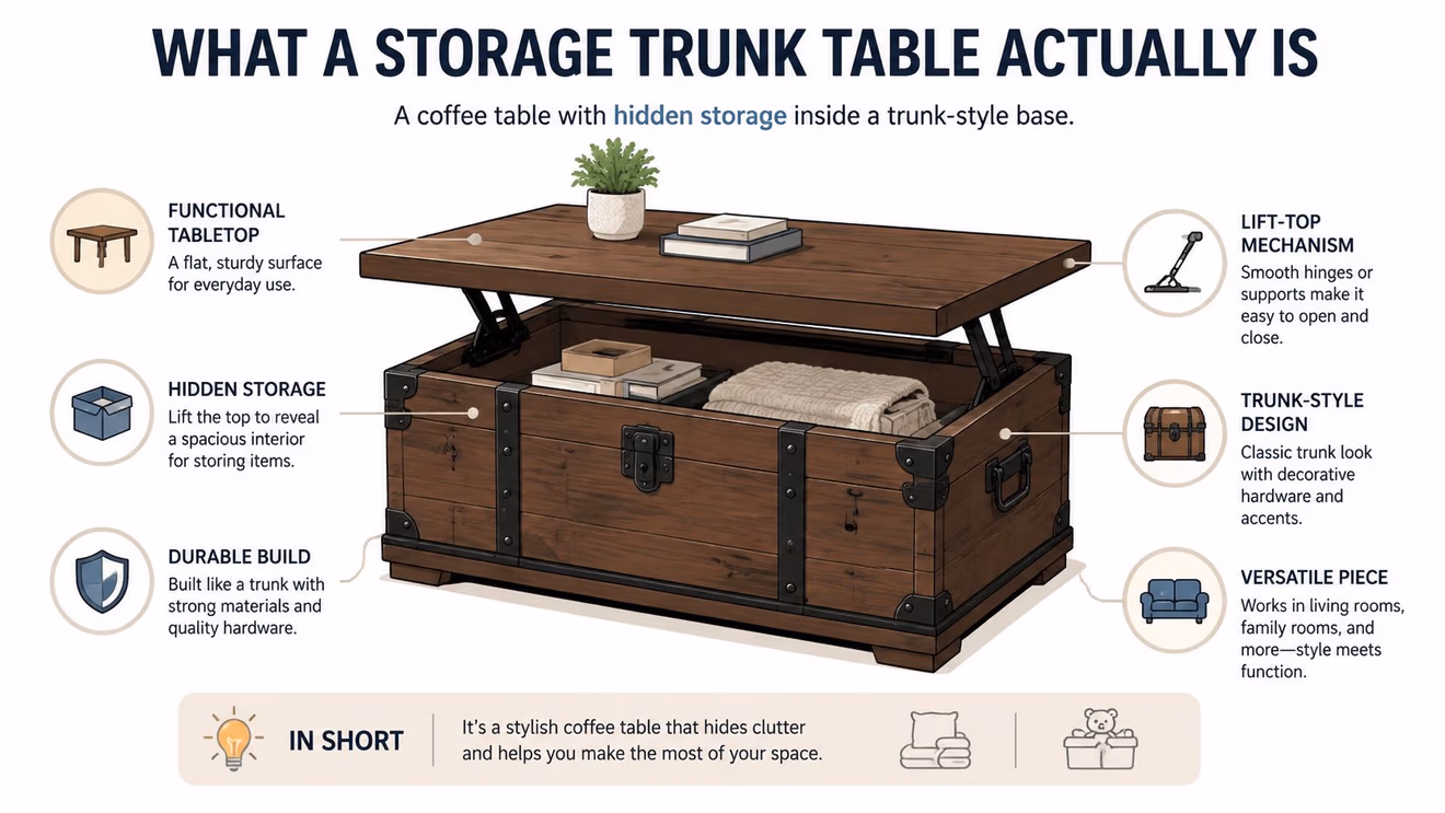 An infographic illustrating the functional parts and design features of a wooden storage trunk coffee table.