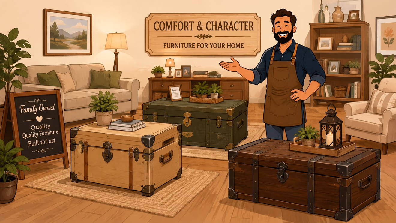 A friendly furniture store owner stands in a showroom displaying various rustic wooden storage trunk coffee tables.