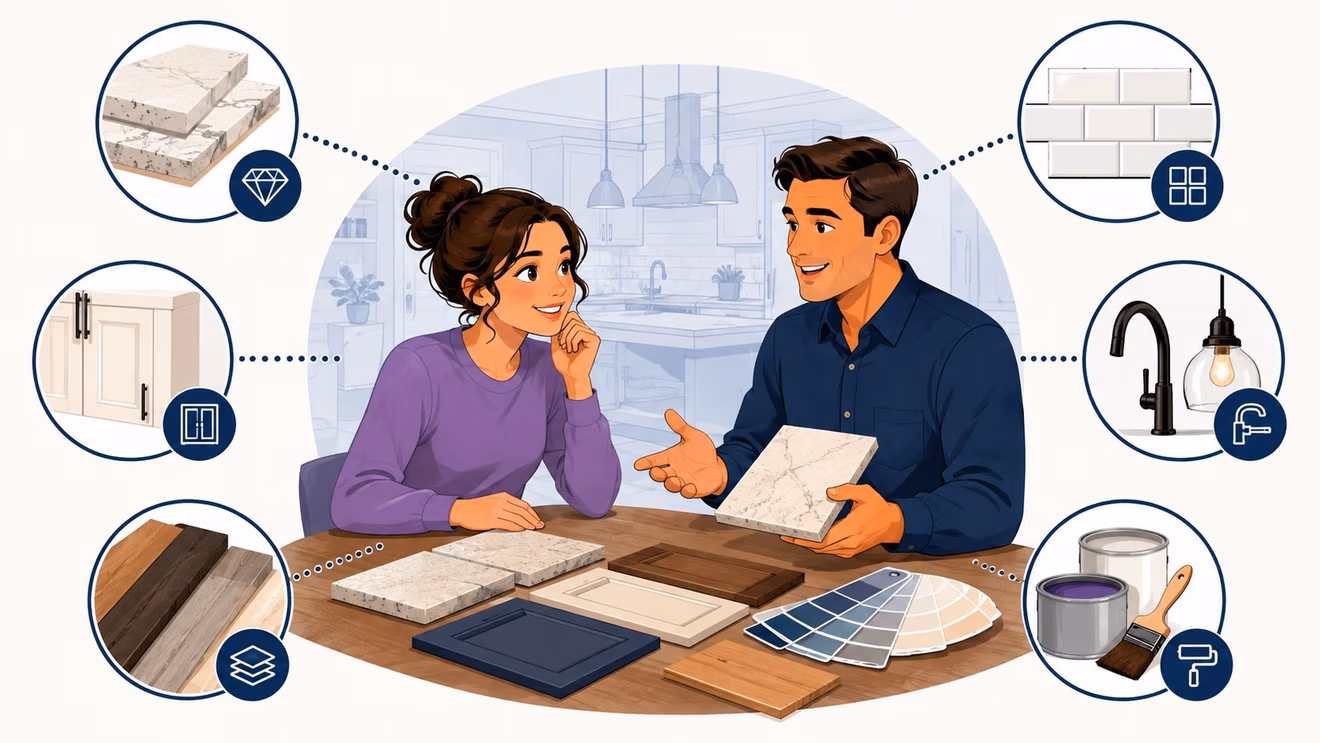 A woman and a man discussing kitchen renovation design choices with samples spread on a table.