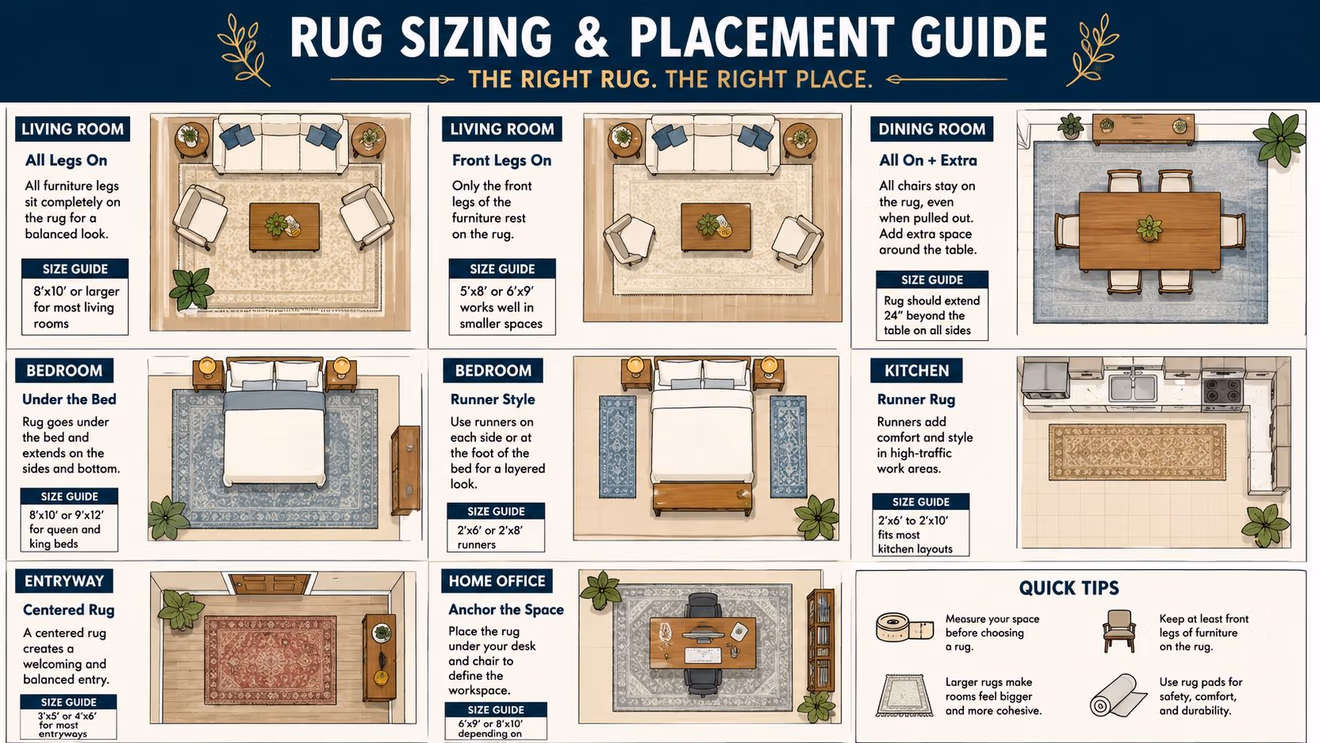 An infographic illustrating various rug sizing and placement guidelines for different rooms in a home.