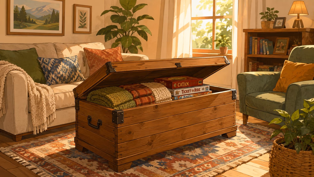A wooden storage trunk functioning as a coffee table in a cozy, sunlit living room setting.