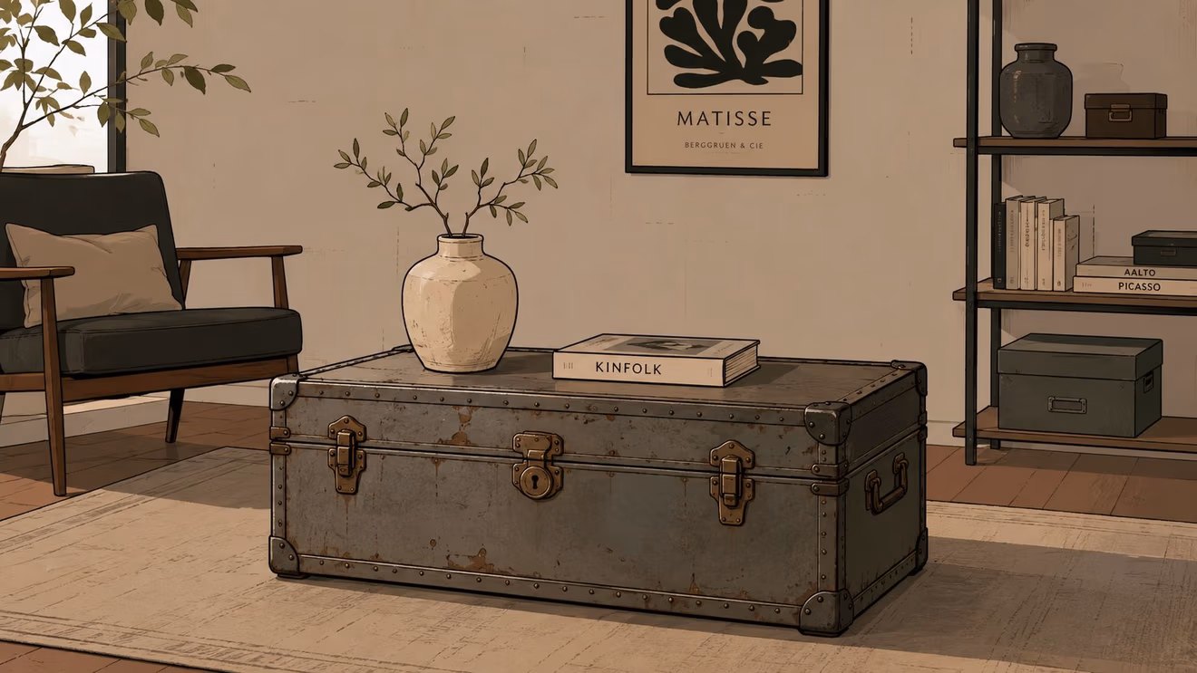 A rustic vintage metal storage trunk used as a coffee table in a modern living room setting.