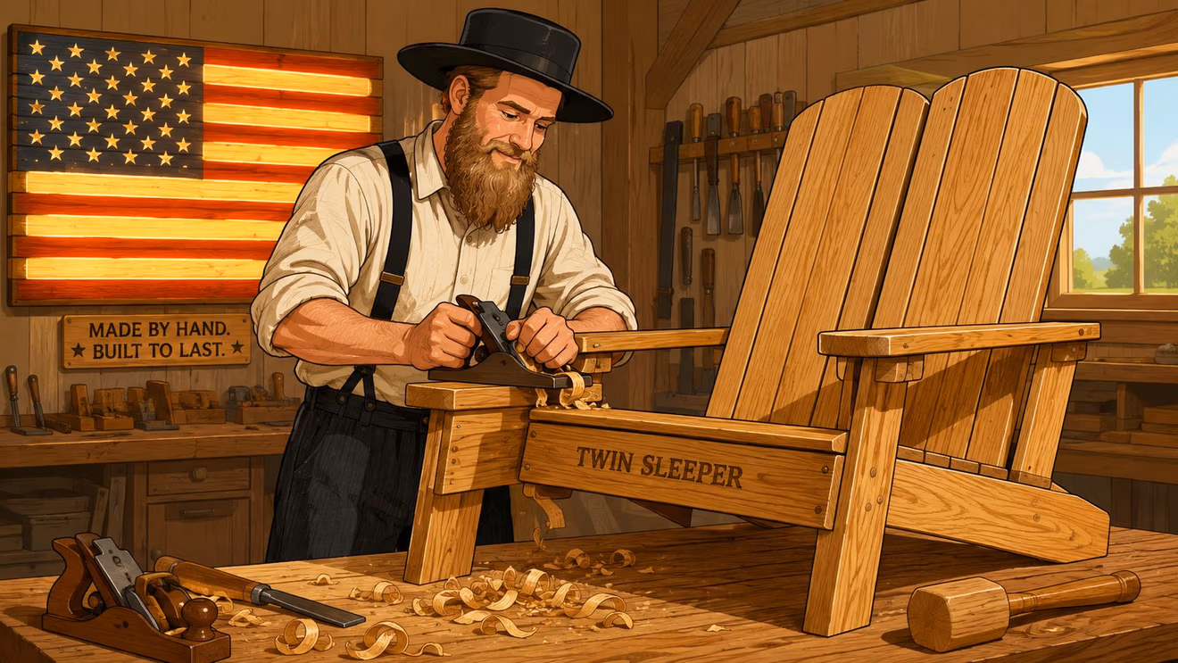 An Amish craftsman working on a handmade wooden twin sleeper chair in a traditional rustic workshop.