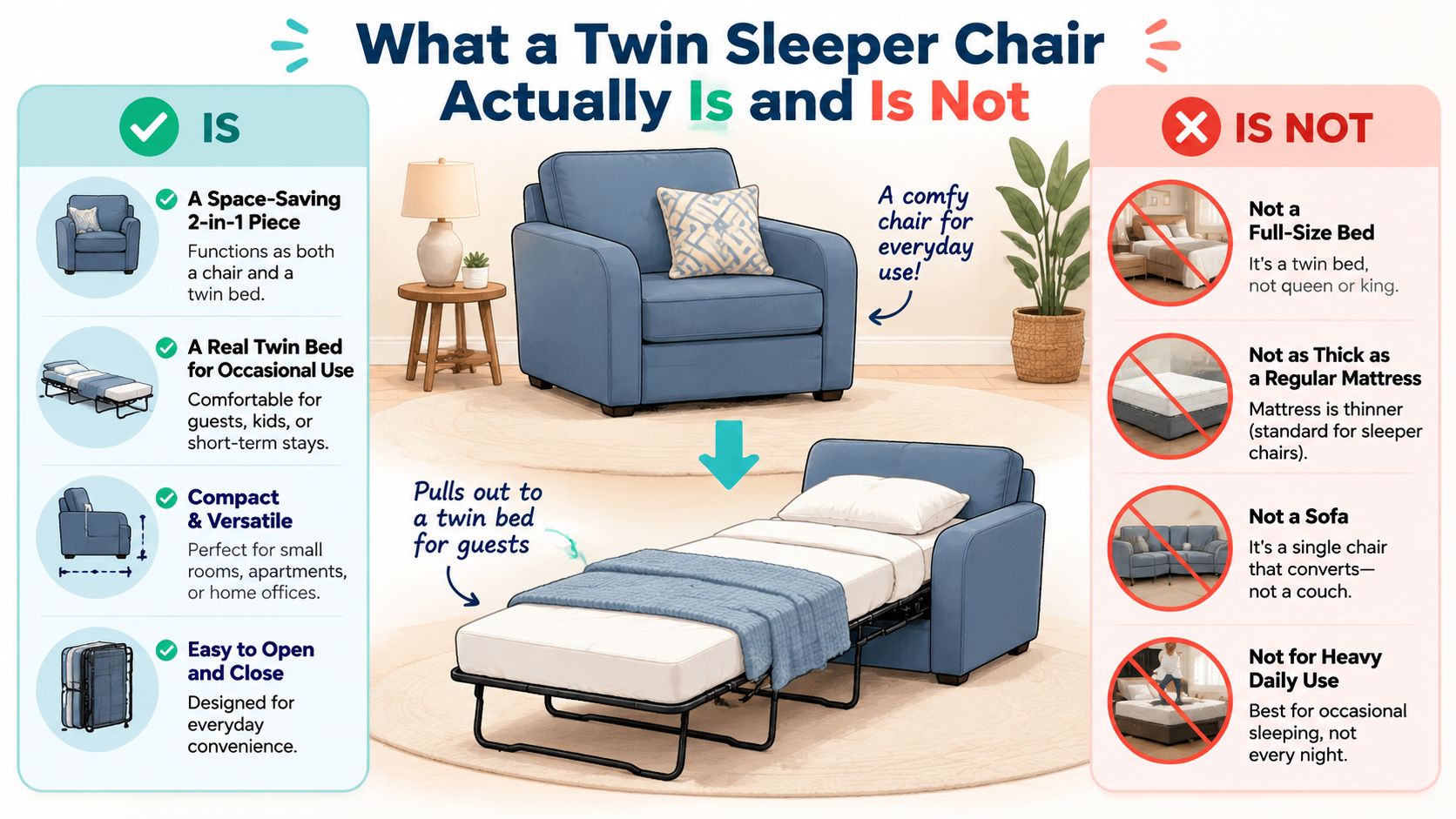 An infographic showing the practical features and common misconceptions about using a twin sleeper chair.