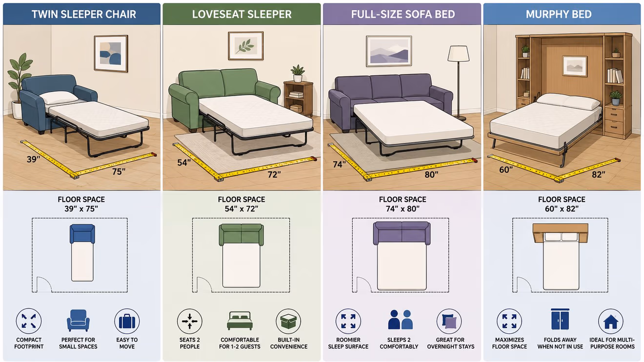 A comparison chart showing dimensions and features of Twin Sleeper Chair, Loveseat Sleeper, Full-Size Sofa Bed, and Murphy Bed.