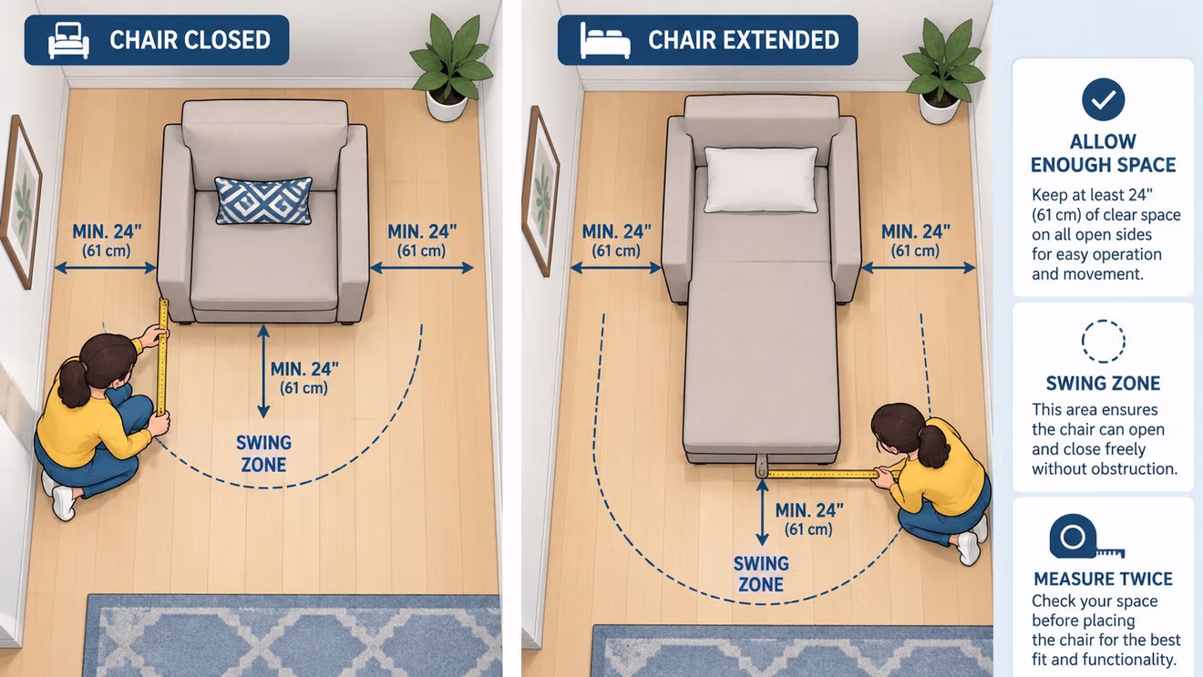 A diagram showing a twin sleeper chair in both closed and extended positions with spacing measurements.