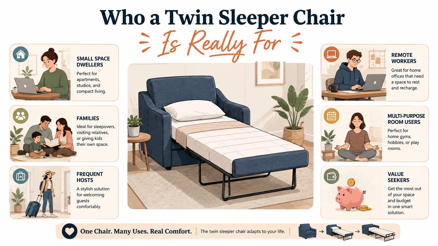 An infographic detailing the benefits of a twin sleeper chair for various lifestyles and home living needs.